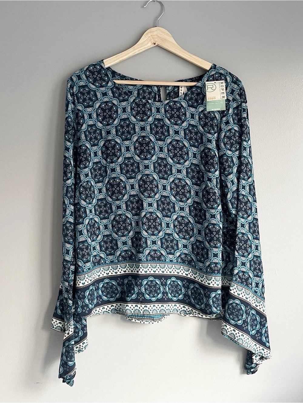 Roper Navy & Teal Geometric Border-Print Long Sleeve Top